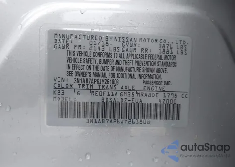 2018 Nissan Sentra Sv from USA, damaged, VIN 3N1AB7AP6JY261808